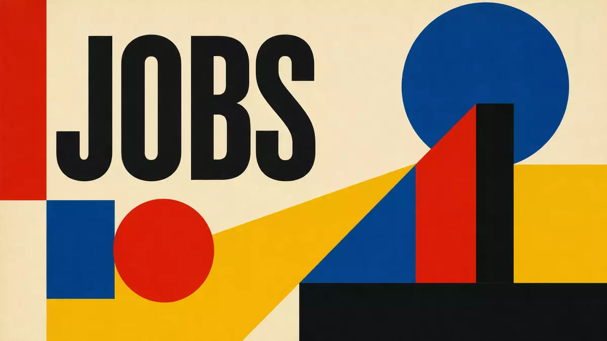 Geometrisches Bauhaus-Poster mit großem Schriftzug JOBS in kräftigen Farben