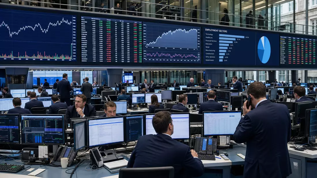 Trading-Floor mit großen Bildschirmen und Aktienchart-Daten zur Beschäftigungsbranche