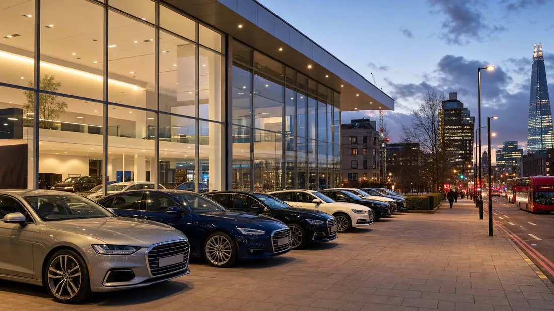 Moderner Autohändler-Showroom mit Fahrzeugen und Glasfassade in London bei Dämmerung