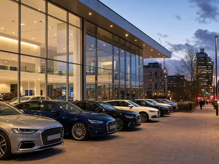Inchcape plc GB00B61TVQ02 zeigt einen modernen Autohändler-Showroom mit vielen Fahrzeugen in London bei Abenddämmerung - Foto: THN