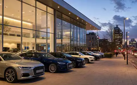 Inchcape plc GB00B61TVQ02 zeigt einen modernen Autohändler-Showroom mit vielen Fahrzeugen in London bei Abenddämmerung - Foto: THN