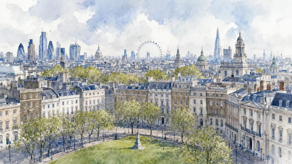 Aquarellmalerei der Londoner Skyline mit historischen Gebäuden und Türmen im Hintergrund