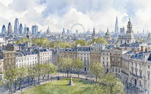 Inchcape plc GB00B61TVQ02 präsentiert eine stimmungsvolle Aquarellmalerei der Londoner Skyline nahe dem britischen Firmensitz - Foto: THN