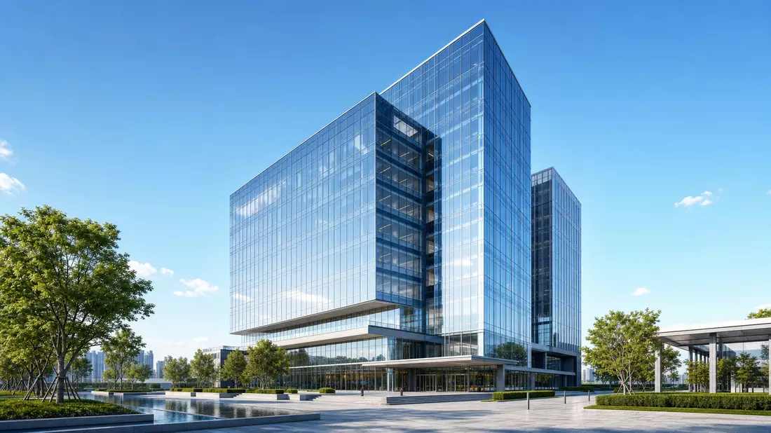 Architektonisches 3D-Render eines modernen verglasten Bürogebäudes mit Grünflächen davor