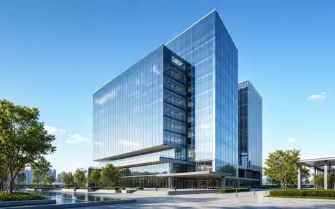 Inchcape plc GB00B61TVQ02 illustriert einen modernen Glas-Bürokomplex als architektonisches 3D-Render bei klarem Tageslicht - Foto: THN