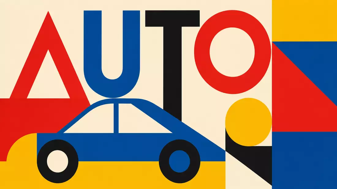 Geometrisches Bauhaus-Poster mit farbigen Formen und großem Schriftzug AUTO