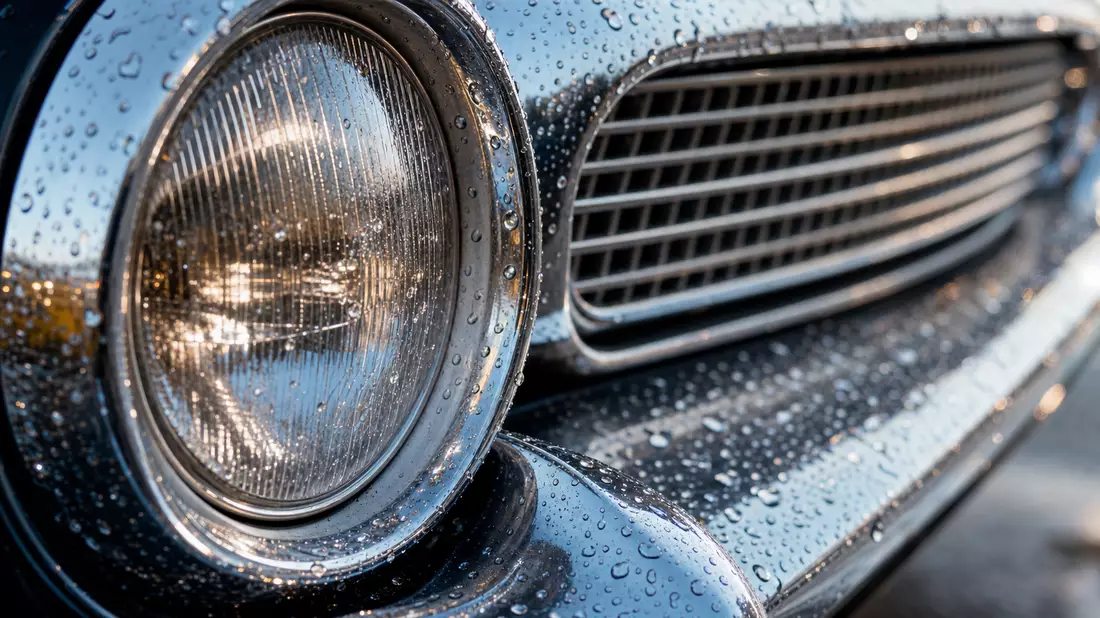 Makroaufnahme eines Autoscheinwerfers und Chromgrills mit glänzenden Wassertropfen