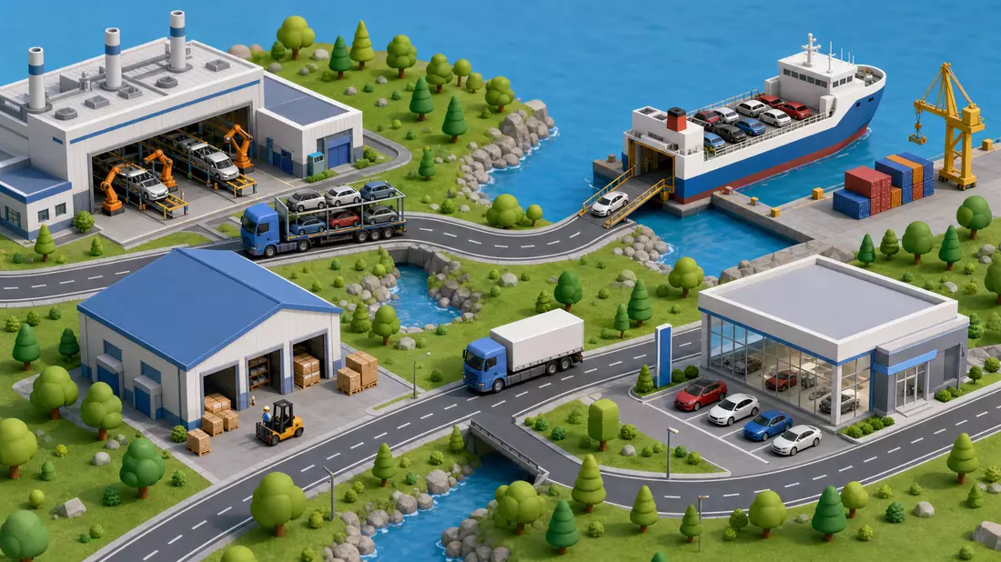 Isometrische 3D-Illustration einer Wertschöpfungskette mit Fabrik, Schiff, Lager und Autohändler