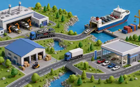 Inchcape plc GB00B61TVQ02 visualisiert eine isometrische Wertschöpfungskette von der Fabrik bis zum finalen Autohändler - Foto: THN