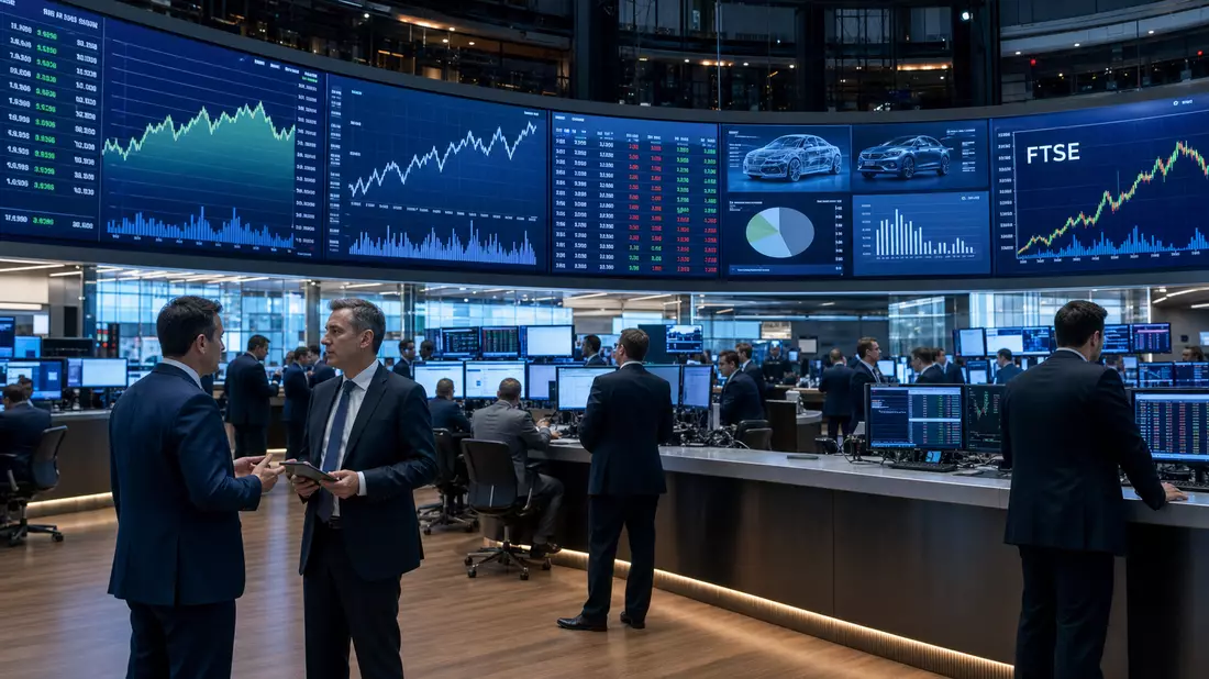 Trading-Floor mit großen Bildschirmen voller Kursdiagramme und FTSE-Kürzel im Editorial-Stil