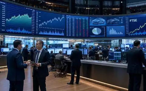 Inchcape plc GB00B61TVQ02 zeigt ein Börsen-Editorial mit belebtem Trading-Floor und Automobil-Sektor-Charts auf großen Bildschirmen - Foto: THN