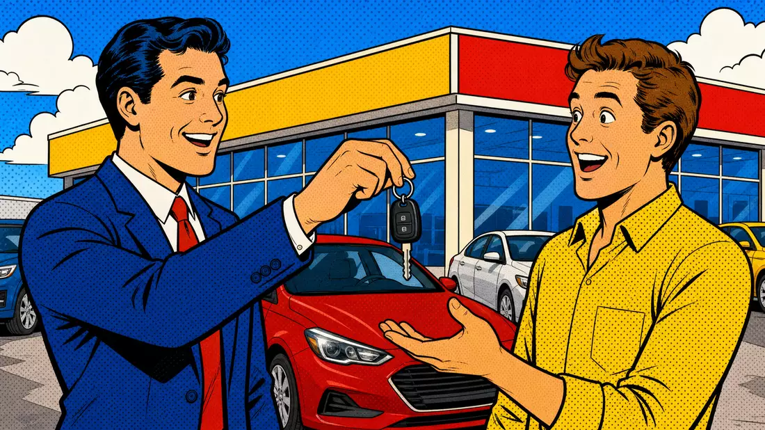 Pop-Art-Comic-Szene mit Verkäufer, der einem Kunden vor einem Autohändler Schlüssel übergibt