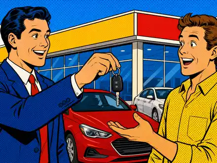 Inchcape plc GB00B61TVQ02 inszeniert eine farbenfrohe Pop-Art-Comic-Szene mit fröhlichem Autoverkäufer und zufriedenem neuem Kunden - Foto: THN