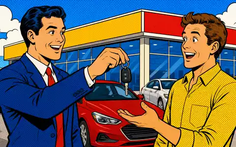Inchcape plc GB00B61TVQ02 inszeniert eine farbenfrohe Pop-Art-Comic-Szene mit fröhlichem Autoverkäufer und zufriedenem neuem Kunden - Foto: THN