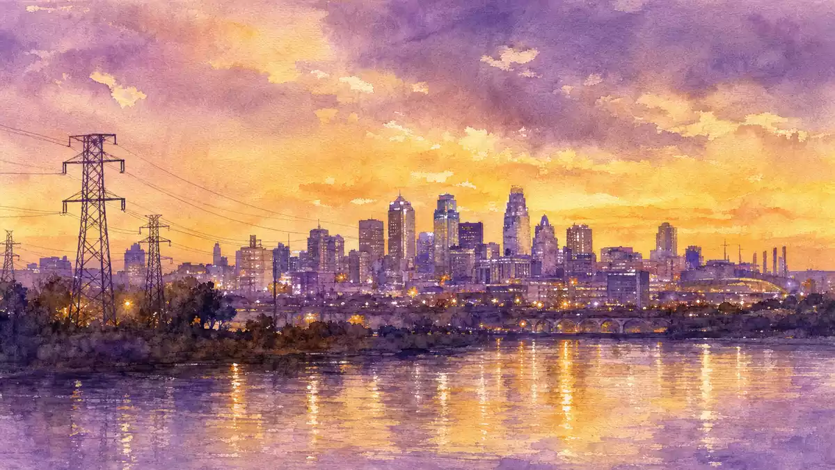Aquarell der Kansas-City-Skyline mit Evergy-Strommasten im Abendhimmel