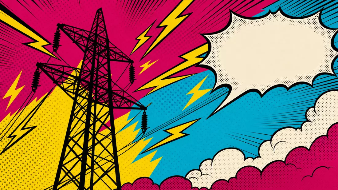 Pop-Art-Comic von Evergy: Strommast mit Blitzen in Magenta, Cyan und Gelb im Halbtonraster