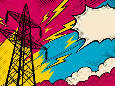 Evergy US30034W1064 Pop-Art-Comic zeigt stilisierten Strommast mit gelben Blitzen auf farbigem Halbton-Hintergrund - Foto: THN