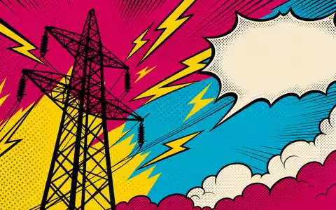 Evergy US30034W1064 Pop-Art-Comic zeigt stilisierten Strommast mit gelben Blitzen auf farbigem Halbton-Hintergrund - Foto: THN