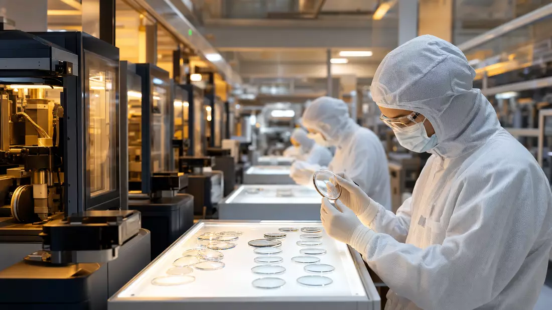 Optische Linsenproduktion im Reinraum, EssilorLuxottica Fertigung