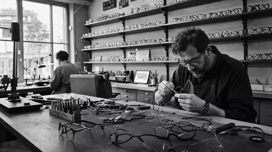 Schwarzweiß-Reportage eines Optiker-Werkstattbetriebs