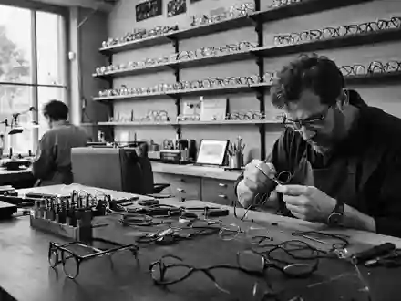 EssilorLuxottica FR0000121667 zeigt Optiker in einer Werkstatt bei dokumentarischer Schwarzweiß-Reportage des klassischen Brillenhandwerks - Foto: THN