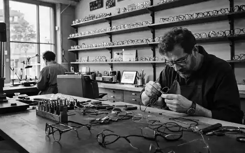 EssilorLuxottica FR0000121667 zeigt Optiker in einer Werkstatt bei dokumentarischer Schwarzweiß-Reportage des klassischen Brillenhandwerks - Foto: THN