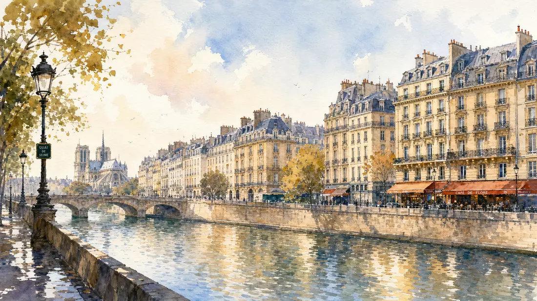 Paris-Aquarell: Haussmann-Fassaden und Seine in Pastellfarben