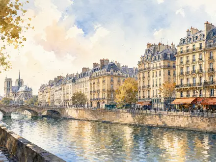 EssilorLuxottica FR0000121667 Paris-Aquarell zeigt Stadtansicht der Seine Haussmann-Architektur in impressionistischer locker gemalter Malereitechnik - Foto: THN