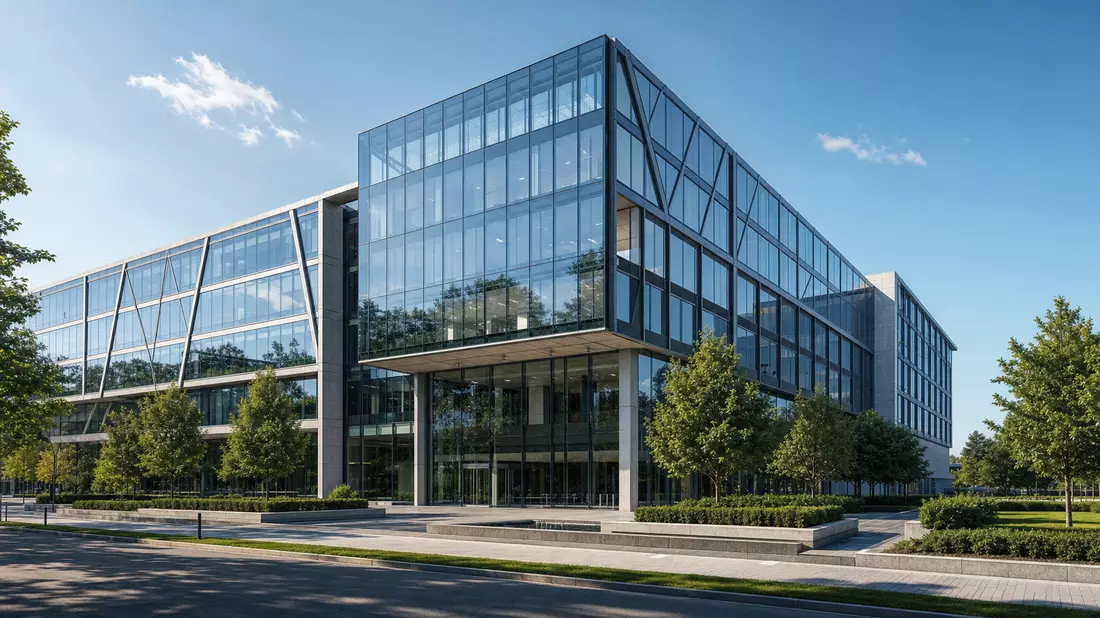 Modernes Konzerngebäude mit Glasfassade, Architektur-Render