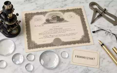 EssilorLuxottica FR0000121667 Flatlay mit Aktienzertifikat ISIN-Karte Optiker-Werkzeuge Brillengläser Goldstift auf weißem Marmor - Foto: THN