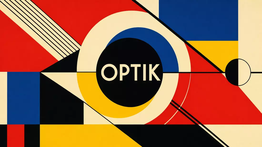 Bauhaus-Poster mit Kreis-Linsenmotiv und Aufschrift OPTIK