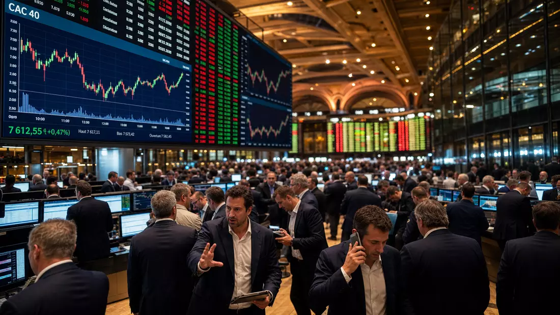 Börsensaal CAC-40: Trader vor Kursanzeigetafeln, Paris