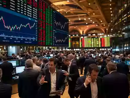 EssilorLuxottica FR0000121667 Börsensaal CAC-40 Handelsparkett mit Tradern vor Kurstafel Paris Editorial-Fotografie im Panorama - Foto: THN