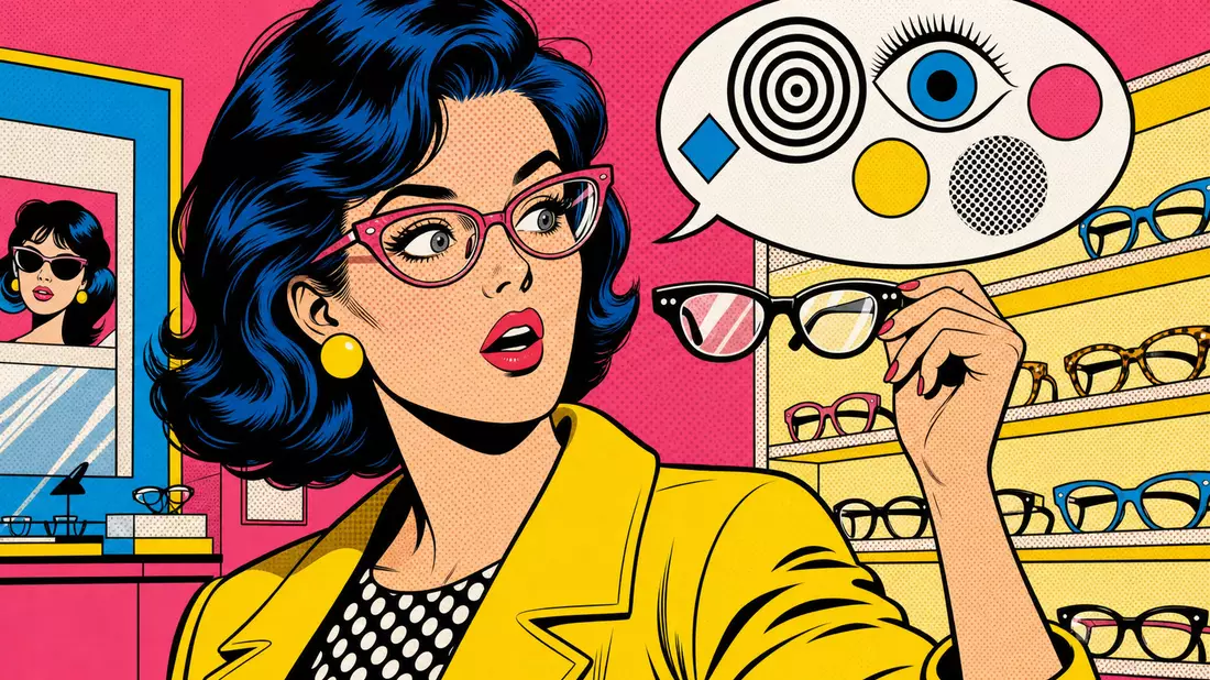 Pop-Art-Comic: Person wählt Brille im farbenfrohen Optik-Laden