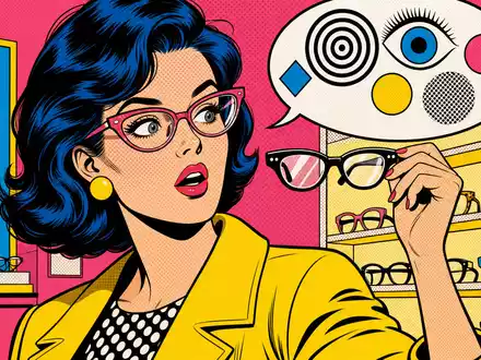 EssilorLuxottica FR0000121667 Pop-Art-Comic zeigt Optik-Boutique bei lebhafter farbenfroher Brillenwahl im Lichtenstein-Stil mit Halbtonpunkten - Foto: THN