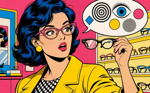 EssilorLuxottica FR0000121667 Pop-Art-Comic zeigt Optik-Boutique bei lebhafter farbenfroher Brillenwahl im Lichtenstein-Stil mit Halbtonpunkten - Foto: THN