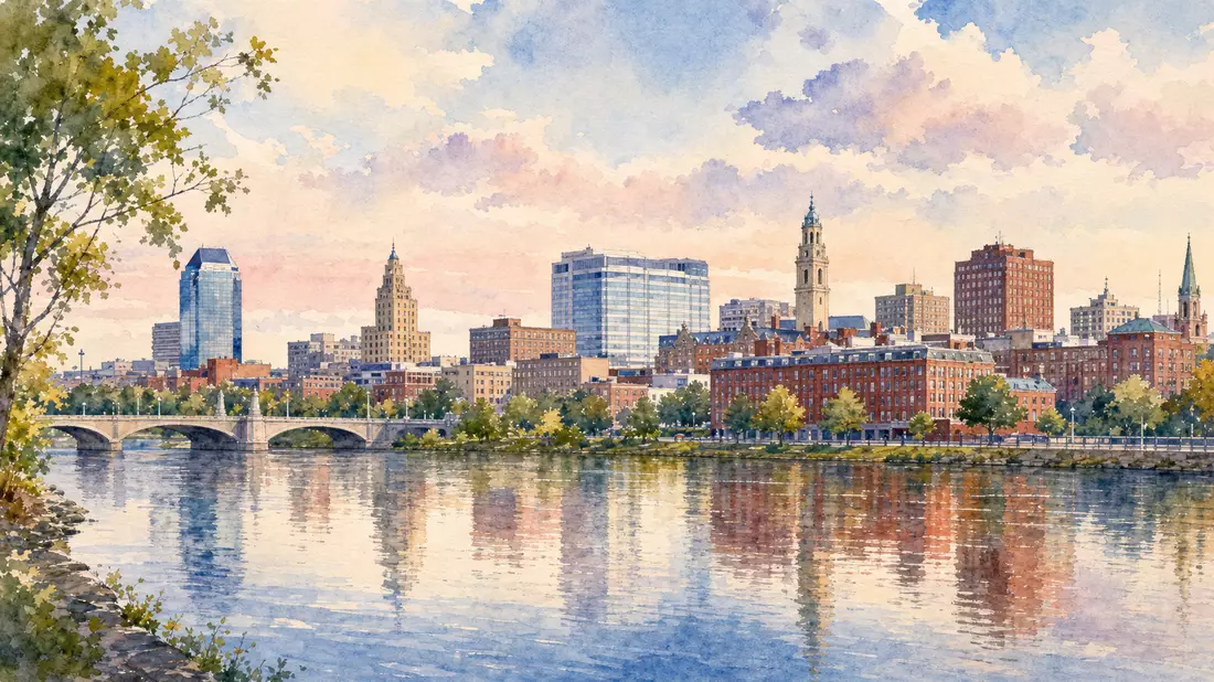 Aquarellmalerei der Springfield-Skyline mit sanfter Farbgebung und Spiegelung im Fluss