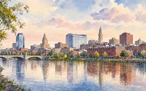 Eversource Energy Aquarell der Springfield Skyline am Connecticut River zeigt ISIN US30040W1080 Firmensitz - Foto: THN