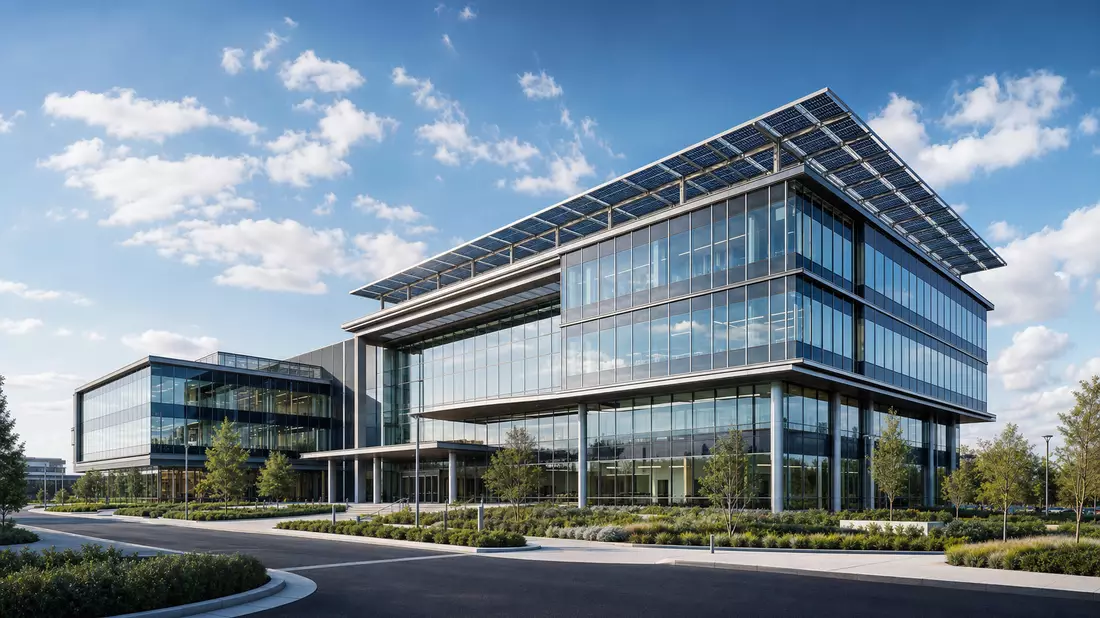 Photorealistischer CGI-Render eines modernen Unternehmensgebäudes mit Glasfassade und Solardach