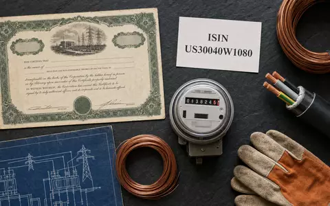 Eversource Energy Flatlay mit Aktienzertifikat und ISIN Karte US30040W1080 Kupferkabel Stromzähler Schutzhandschuhe - Foto: THN