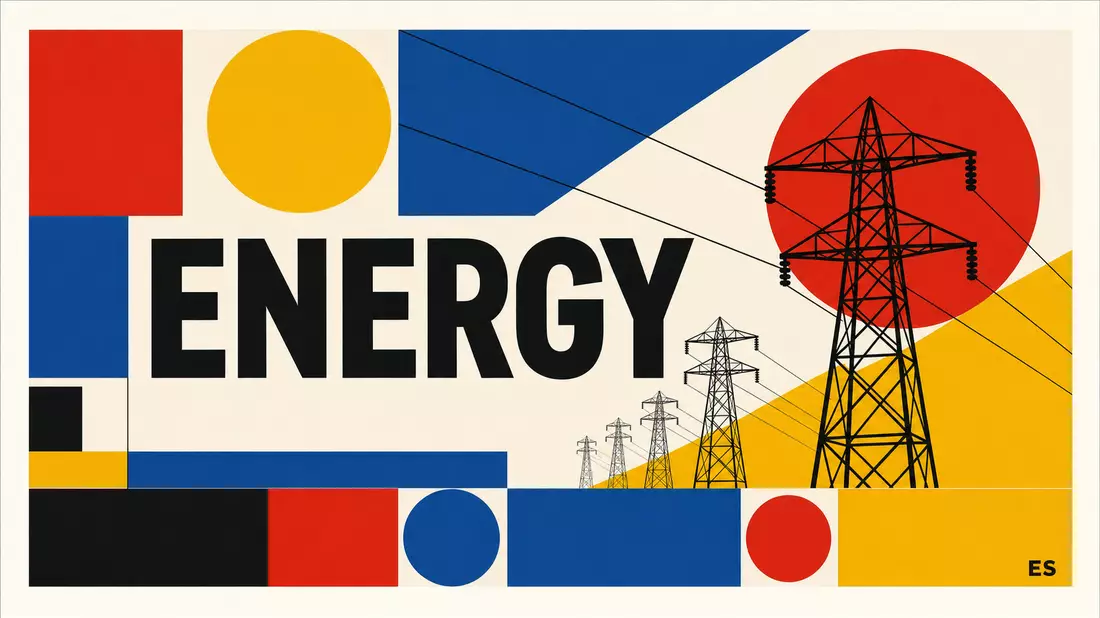 Bauhaus-Grafik in Rot Blau Gelb mit fettgedrucktem ENERGY-Text und geometrischen Formen