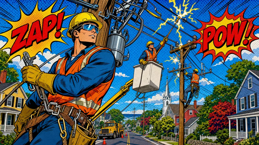 Pop-Art-Comic mit bunten Elektriker-Helden an Strommasten, ZAP- und POW-Schriftzügen