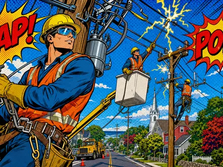 Eversource Energy Pop Art Comic zeigt Elektriker Helden an Strommasten in Neuengland Aktie US30040W1080 - Foto: THN
