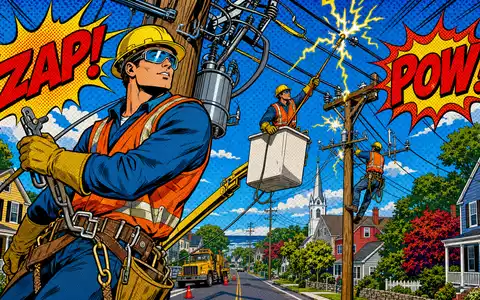 Eversource Energy Pop Art Comic zeigt Elektriker Helden an Strommasten in Neuengland Aktie US30040W1080 - Foto: THN