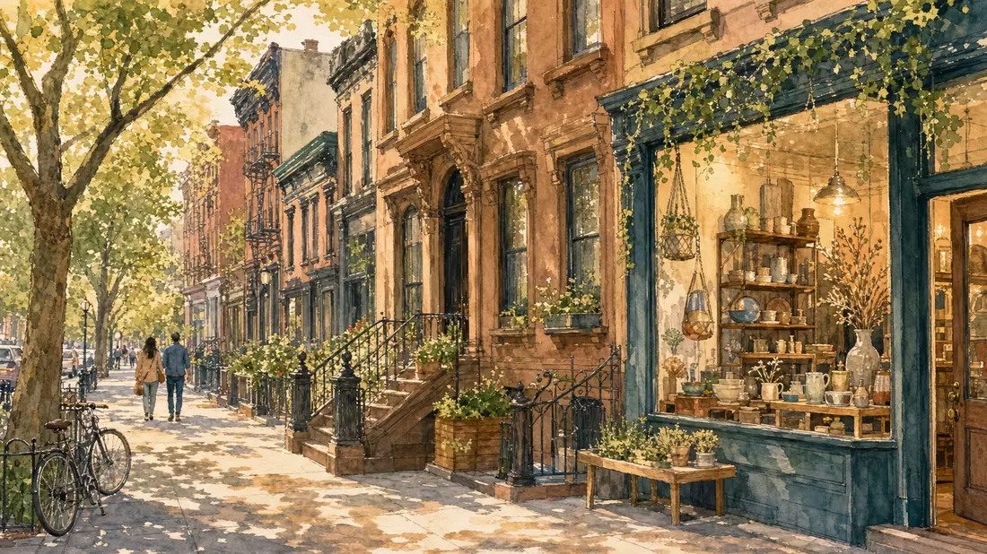 Aquarell-Stadtbild Brooklyn mit kleinen Handwerksläden, Etsy Inc. E-Commerce