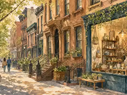 Etsy Inc. Aquarell zeigt Brooklyn Stadtbild mit kleinen Boutique-Läden für handgefertigte Waren ISIN US29786A1060 - Foto: THN