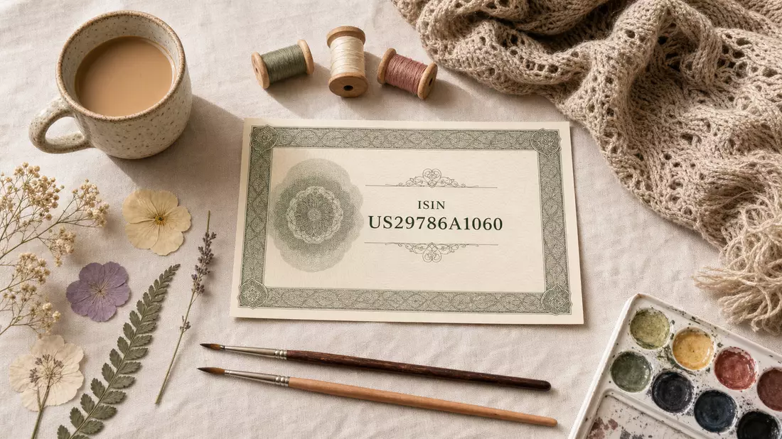Flatlay mit ISIN US29786A1060 Zertifikat und Handwerk-Utensilien, Etsy Inc