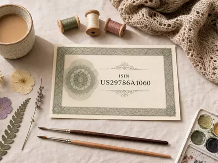 Etsy Inc. Flatlay mit Aktienzertifikat ISIN US29786A1060 Keramik Garn und Aquarellpinseln auf Leinenstoff - Foto: THN