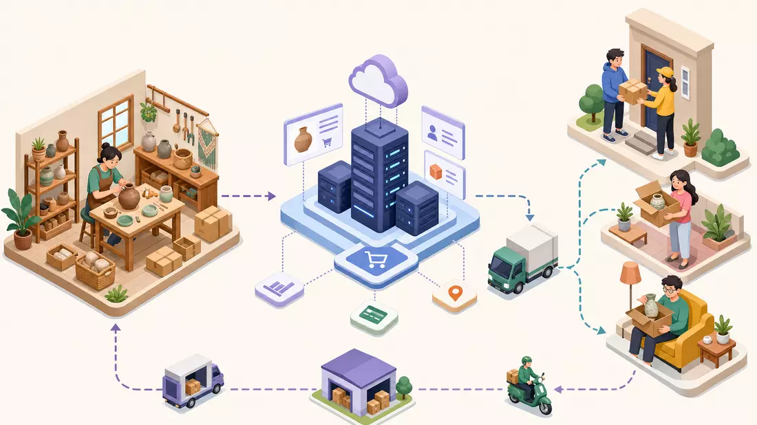 Isometrisches 3D-Diagramm E-Commerce Lieferkette Handwerk bis Kunde, Etsy Inc