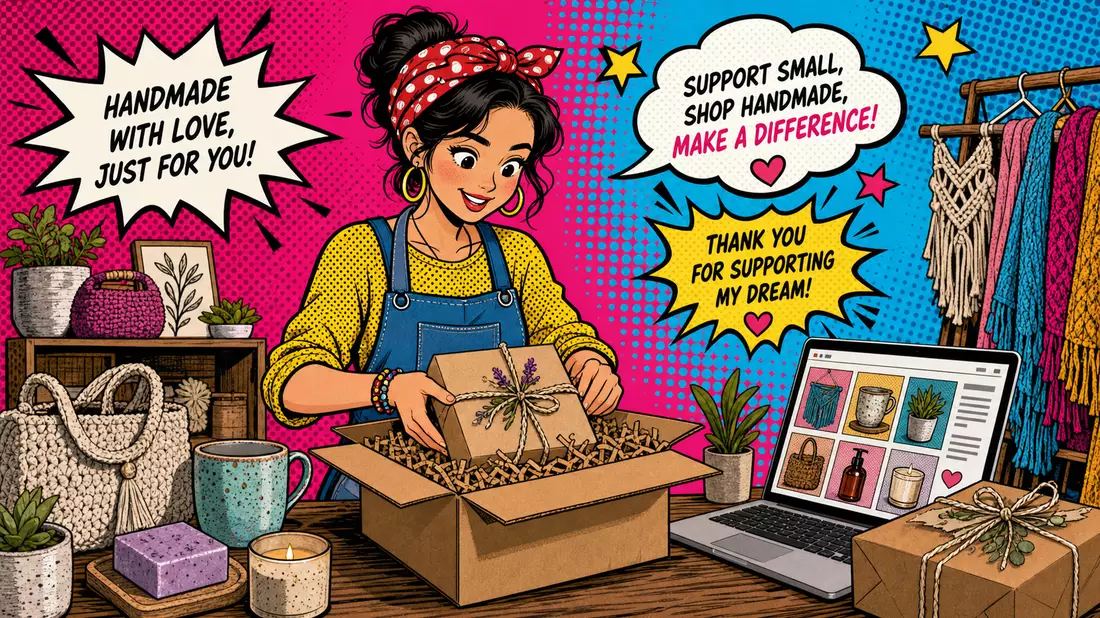 Pop-Art-Comic Handwerkerin verpackt Online-Bestellung, Etsy Inc. E-Commerce